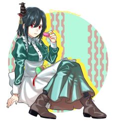 Rule 34 | 1girl, alternate costume, black hair, black legwear, breasts, brown footwear, dress, enmaided, food, green dress, hair ornament, holding, holding food, kantai collection, large breasts, looking at viewer, macaron, maid, red eyes, sagamiso, short hair, sitting, solo, twitter username, yamashiro (kancolle)