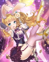 Rule 34 | 1girl, :p, animal ears, belt, blonde hair, blue eyes, blush, boots, breasts, checkerboard cookie, cleavage, cookie, fangs, food, kuuyasatuki, long hair, majoca majoluna, original, rabbit ears, skirt, solo, staff, thighhighs, thumbprint cookie, tongue, tongue out