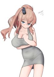 Rule 34 | 1girl, absurdres, alternate costume, breasts, brown hair, cleavage, cowboy shot, dated, dress, grey dress, grey eyes, hair between eyes, high side ponytail, highres, kantai collection, large breasts, maru (marg0613), one-hour drawing challenge, ponytail, saratoga (kancolle), side ponytail, sidelocks, simple background, smokestack hair ornament, solo, twitter username, white background
