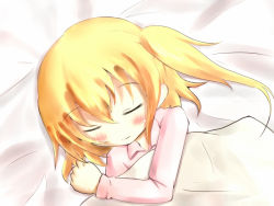 Rule 34 | 1girl, bad id, bad pixiv id, bed, bed sheet, blanket, blush, closed eyes, face, female focus, flandre scarlet, no wings, pajamas, side ponytail, sleeping, solo, takami13, touhou