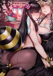 Rule 34 | 1boy, 1girl, antennae, areola slip, ass, backless outfit, bee costume, black hair, blonde hair, breasts, cloud strife, crossdressing, cup, drinking glass, final fantasy, final fantasy vii, final fantasy vii remake, flower, food, fruit, hair flower, hair ornament, high heels, highres, holding hands, honey bee inn, large breasts, looking at viewer, pantyhose, rororogi mogera, spiked hair, square enix, stinger, tifa lockhart, tray, wall market, wine glass
