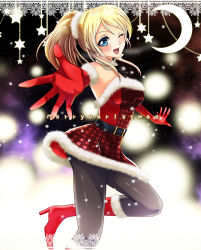 Rule 34 | 10s, 1girl, ;d, armpits, ayase eli, bad id, bad pixiv id, blonde hair, blue eyes, blush, boots, breasts, christmas, crescent moon, dress, elbow gloves, female focus, foreshortening, fur trim, gloves, highres, knee boots, long hair, love live!, love live! school idol project, miyu ki chi, moon, one eye closed, open mouth, outstretched arm, outstretched hand, pantyhose, plaid, ponytail, smile, solo, star (symbol), strapless, strapless dress, wink