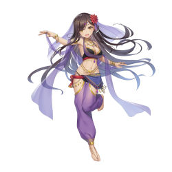 Rule 34 | 1girl, :d, bangle, bare shoulders, barefoot sandals (jewelry), black hair, bracelet, breasts, brown eyes, cleavage, commentary request, dancer, flower, hair flower, hair ornament, harem outfit, heijialan, hip vent, jewelry, long hair, looking at viewer, medium breasts, navel, open mouth, original, pants, purple pants, red flower, see-through, simple background, smile, solo, standing, standing on one leg, very long hair, white background