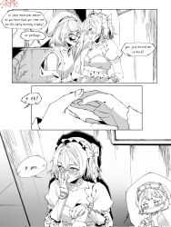 Rule 34 | arm cuffs, blush, bow, bracelet, commentary, dress, embarrassed, english commentary, english text, eyewear on head, greyscale, hair bow, hat, headdress, highres, holding hands, indoors, jacket, jewelry, kabedon, looking over eyewear, monochrome, off shoulder, open clothes, open jacket, parted lips, plant, puffy short sleeves, puffy sleeves, regulus (reverse:1999), reverse:1999, short hair, short sleeves, sleeveless, sleeveless dress, smile, sotheby, speech bubble, srfr, sunglasses, yuri