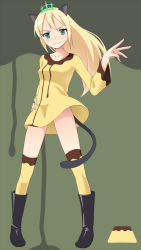 Rule 34 | 1girl, animal ears, bad id, bad pixiv id, blonde hair, blush, boko (maniacpurple), boots, cat ears, cat tail, chocolate, dress, food, green eyes, hand on own hip, heinrike prinzessin zu sayn-wittgenstein, hip focus, hirschgeweih antennas, komakedara, long hair, noble witches, pudding, smile, solo, strike witches, tail, thighhighs, world witches series