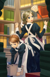 Rule 34 | 2girls, anger vein, angry, ass-to-ass, bad id, bad pixiv id, book, box, brown hair, cleaning, duster, hair ornament, hairclip, maid, maid headdress, mishima yoshikatsu, multiple girls, open mouth, short hair, smile, teasing, victorian maid