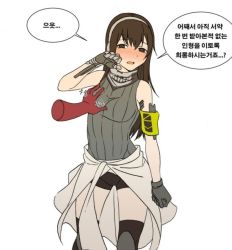 Rule 34 | 1girl, armband, artist request, blush, clothes around waist, girls&#039; frontline, gloves, grabbing, grabbing another&#039;s breast, headphones, jacket, jacket around waist, korean text, m4a1 (girls&#039; frontline), shy, translated
