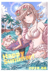 Rule 34 | 1girl, 2boys, blush, breasts, brown hair, cleavage, danganronpa (series), danganronpa 2: goodbye despair, dated, day, galaga, hair ornament, highres, hinata hajime, holding, holding surfboard, innertube, komaeda nagito, large breasts, medium hair, mole, mole on breast, multiple boys, nanami chiaki, navel, official alternate costume, outdoors, palm tree, smile, stomach, summer, sun, sunglasses, surfboard, swim ring, tree, uzu (uzusio55)