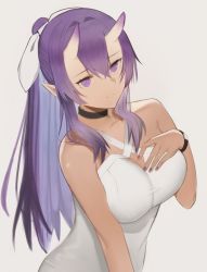 Rule 34 | 1girl, bare shoulders, black choker, breasts, choker, closed mouth, collarbone, dress, hair between eyes, hair between horns, highres, horns, jewelry, kyncen, large breasts, long hair, looking at viewer, oni, pointy ears, purple eyes, purple hair, ribbon, simple background, skin-covered horns, sleeveless, sleeveless dress, smile, solo, standing, sundress, watch, white background, white dress, wristwatch