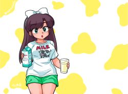 Rule 34 | 1girl, cow, kuonji ukyou, milk, milk carton, ranma 1/2, ribbon, shorts, solo, wanta (futoshi)
