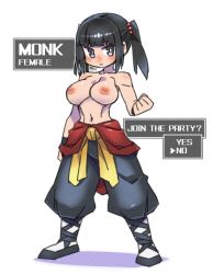 Rule 34 | 1girl, baggy pants, black eyes, black hair, breasts, cannsk, clenched hand, commentary request, english text, full body, hair bobbles, hair ornament, inverted nipples, large breasts, narrow waist, navel, original, pants, sidelocks, solo, topless, twintails, wristband