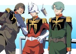 3boys absurdres arms_at_sides belt black_hair blonde_hair brown_belt brown_gloves brown_jacket brown_pants challia_bull char_aznable clipboard closed_mouth commentary_request cup disposable_cup dren_(gundam) drinking_straw epaulettes facial_hair gloves green_eyes green_hair green_jacket gundam gundam_gquuuuuux hair_over_one_eye hand_on_own_hip helmet highres holding holding_clipboard jacket kaneko_naoya long_sleeves looking_at_another looking_to_the_side male_focus mask military_uniform multiple_boys mustache one_eye_covered open_mouth pants railing red_jacket red_pants short_hair sideways_glance talking white_belt white_gloves zeon zero_gravity