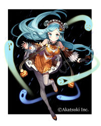 Rule 34 | 1girl, black background, blue eyes, blue hair, blush, chain, detached sleeves, dress, full body, gaou (umaiyo puyoman), ghost, highres, jack-o&#039;-lantern, long hair, looking at viewer, matching hair/eyes, official art, pantyhose, screw, smile, solo, stitches, thousand memories, wrench