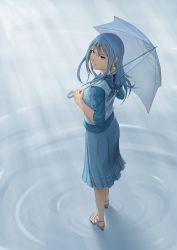 Rule 34 | 1girl, absurdres, blue eyes, blue hair, blue theme, from above, grin, high heels, highres, light rays, looking back, matching hair/eyes, nozet, original, ripples, sandals, shoes, skirt, smile, solo, sunbeam, sunlight, transparent, transparent umbrella, umbrella, water