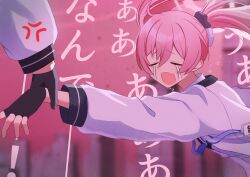 Rule 34 | black gloves, blue archive, blue necktie, crying, fang, fingerless gloves, gloves, highres, hizikata398, id card, koyuki (blue archive), lanyard, necktie, noa (blue archive), open mouth, pink hair, shirt, skin fang, tears, twintails, white shirt