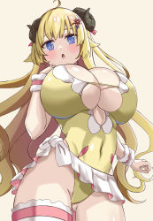 Rule 34 | :o, ahoge, blonde hair, blue eyes, blush, breasts, cleavage, covered navel, cowboy shot, from below, fur trim, hair flaps, hair ornament, hand on own chest, highres, hizakake, hololive, horns, huge breasts, leotard, long hair, looking at viewer, looking down, open mouth, sheep horns, simple background, standing, straight hair, thigh strap, tsunomaki watame, tsunomaki watame (street casual), virtual youtuber, white background, wristband, yellow leotard