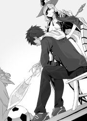 Rule 34 | 1boy, 2girls, a certain high school uniform, arms on knees, ball, black footwear, black hair, black jacket, black pants, blonde hair, breasts, cape, crossed arms, despair, dutch angle, expressionless, eyepatch, from side, greyscale, gungnir (toaru), hand on own hip, hat, highres, holding, holding polearm, holding weapon, hood, hood down, index (toaru majutsu no index), jacket, kamijou touma, katze (spongebob792), leaning forward, light frown, long hair, looking at another, medium breasts, monochrome, multiple girls, nun, on bench, othinus, pants, polearm, revealing clothes, robe, school uniform, short hair, sideboob, sitting, soccer ball, spear, spiked hair, spoilers, toaru majutsu no index, toaru majutsu no index: new testament, very short hair, weapon, white background, white robe, witch hat