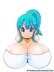 Rule 34 | 1girl, bandeau top, blue eyes, blue hair, blush, breasts, bulma, cleavage, dragon ball, highres, jewelry, large breasts, mato spectoru, necklace, nose blush, ponytail, solo, vest