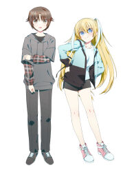 Rule 34 | 1boy, 1girl, absurdres, alternate costume, aqua jacket, aqua shirt, black footwear, black jacket, black pants, black shorts, blonde hair, blue eyes, blush, brown eyes, brown hair, c:, casual, closed mouth, collarbone, commentary, eyes visible through hair, full body, grabbing own arm, grey hoodie, hair between eyes, hair ribbon, hands on own hips, head tilt, highres, hood, hoodie, jacket, letterman jacket, little busters!, long hair, long ribbon, long sleeves, looking at viewer, multicolored clothes, multicolored jacket, naoe riki, natsuoto rito, open clothes, open jacket, open mouth, pants, pink footwear, ribbon, shirt, shoes, short hair, shorts, side-by-side, simple background, smile, sneakers, standing, straight hair, tachi-e, tokido saya, two-tone jacket, very long hair, white background, white ribbon