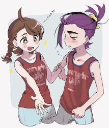 Rule 34 | 1boy, 1girl, bezquomvjq49661, black hair, blush, braid, breasts, brown hair, creatures (company), cropped legs, embarrassed, flying sweatdrops, game freak, highres, juliana (pokemon), kieran (pokemon), multicolored hair, nintendo, open mouth, orange eyes, parted lips, pokemon, pokemon sv, purple hair, red tank top, side braid, simple background, small breasts, sparkle, sweat, tank top