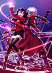 Rule 34 | 1boy, 1girl, archer (fate), back-to-back, black hair, blue eyes, fate/stay night, fate (series), gem, highres, jumping, long legs, magic circle, ribbon, skirt, sword, thighhighs, tohsaka rin, twintails, two side up, weapon, white hair, zettai ryouiki