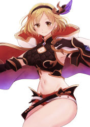 Rule 34 | 1girl, belt, blonde hair, blush, breasts, brown eyes, cape, capelet, cleavage cutout, cloak, clothing cutout, conqueror of the eternals, djeeta (granblue fantasy), granblue fantasy, hair ornament, hairband, hasen hachimitsu, midriff, navel, red shorts, short hair, short shorts, shorts, solo