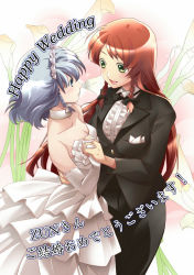 Rule 34 | 2girls, alternate costume, blue eyes, braid, dress, embodiment of scarlet devil, female focus, flower, formal, green eyes, holding hands, hong meiling, interlocked fingers, izayoi sakuya, kouhou no nin, lily (flower), looking at another, maid headdress, multiple girls, no headwear, pant suit, pants, primary stage, profile, red hair, silver hair, sleeveless, sleeveless dress, smile, suit, touhou, twin braids, wedding dress, white dress, wife and wife, yuri