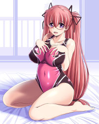 Rule 34 | 1girl, barefoot, black ribbon, breasts, competition swimsuit, covered navel, glasses, hair ribbon, hands on own chest, large breasts, log-mi (tonpuu), long hair, looking at viewer, one-piece swimsuit, original, pink hair, pink one-piece swimsuit, purple eyes, ribbon, sitting, solo, swimsuit, tonpuu, twintails, wariza, wide hips
