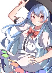 Rule 34 | 1girl, absurdres, black headwear, blue hair, blue skirt, bow, bowtie, center frills, commentary, frilled skirt, frills, highres, hinanawi tenshi, long hair, rainbow order, red bow, red bowtie, saimu taju, short sleeves, sidelocks, simple background, skirt, touhou, white background