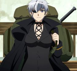 Rule 34 | 10s, 1girl, akame ga kill!, blazer, breasts, business suit, eyepatch, formal, najenda, office lady, purple eyes, screencap, short hair, smile, solo, stitched, suit, third-party edit, white hair