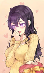 Rule 34 | 1girl, :d, absurdres, bad id, bad pixiv id, beifeng han, between breasts, black hair, blush, box, breasts, candy, chocolate, chocolate heart, collarbone, embarrassed, food, gift, glowing, hair between eyes, head tilt, heart, heart-shaped box, highres, large breasts, long hair, long sleeves, looking to the side, miyaura sanshio, multicolored hair, open mouth, original, pink background, purple eyes, purple hair, reaching, reaching towards viewer, ribbed sweater, signature, smile, solo, sweater, two-tone hair, upper body, valentine, wavy hair, yellow sweater