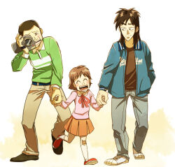 Rule 34 | 1girl, 2boys, aged down, alternate costume, black eyes, black hair, blue footwear, blue jacket, blush, brown hair, brown pants, brown skirt, buzz cut, closed eyes, closed mouth, commentary request, facial scar, father and daughter, fukumoto nobuyuki (style), full body, green shirt, grey pants, hand in pocket, holding hands, itou kaiji, jacket, kaiji, long hair, long sleeves, looking at another, medium bangs, multiple boys, neck ribbon, official style, open clothes, open jacket, open mouth, pants, parody, pink shirt, pleated skirt, pointy nose, recording, red footwear, red ribbon, ribbon, sakazaki koutarou, sakazaki mikoko, scar, scar on cheek, scar on face, shirt, shoes, short hair, skirt, smile, sneakers, style parody, t k g, teeth, time paradox, very short hair, video camera, walking, white footwear