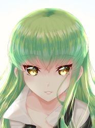 Rule 34 | 1girl, absurdres, budgiepon, c.c., code geass, collarbone, green hair, hair between eyes, highres, long hair, looking at viewer, parted lips, portrait, simple background, solo, straight hair, white background, yellow eyes