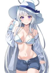 Rule 34 | 1girl, absurdres, alternate costume, bikini, blue archive, blue shorts, blush, bottle, breasts, closed mouth, commentary request, grey halo, halo, highres, holding, holding bottle, leepy, long hair, looking at viewer, medium breasts, navel, noa (blue archive), open fly, plastic bottle, purple eyes, shorts, simple background, smile, solo, swimsuit, thighs, very long hair, water bottle, white background, white bikini, white headwear