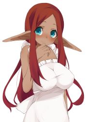 Rule 34 | 1girl, apron, blue eyes, blush, breasts, dark elf, dark skin, dark-skinned female, elf, female focus, huge breasts, impossible clothes, long hair, long pointy ears, maid-chan (maze), maze (gochama ze gohan), naked apron, original, pointy ears, red hair, smile, solo, transparent background