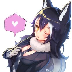 Rule 34 | 10s, 1girl, animal ears, bad id, bad pixiv id, between breasts, bibico, black hair, blue eyes, blush, breasts, cleavage, d;, fang, fur collar, gloves, grey wolf (kemono friends), heart, kemono friends, large breasts, long hair, long sleeves, looking at viewer, multicolored hair, necktie, necktie between breasts, one eye closed, open mouth, signature, simple background, solo, speech bubble, spoken heart, two-tone hair, white background, wolf ears, yellow eyes