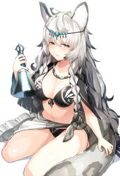 Rule 34 | 1girl, animal ears, arknights, bell, bikini, black bikini, braid, breasts, circlet, cleavage, closed mouth, commentary request, front-tie bikini top, front-tie top, grey eyes, hand up, holding, jewelry, large breasts, leopard ears, leopard tail, long hair, looking at viewer, meth (emethmeth), navel, necklace, pramanix (arknights), sarong, silver hair, simple background, sitting, solo, stomach, swimsuit, tail, thighs, twin braids, very long hair, white background