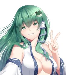 Rule 34 | 1girl, bare shoulders, breasts, cleavage, collared shirt, covered erect nipples, detached sleeves, frog hair ornament, green eyes, green hair, grin, hair ornament, highres, kochiya sanae, long hair, looking at viewer, medium breasts, mengo, no bra, nontraditional miko, open clothes, open shirt, shirt, simple background, sleeveless, sleeveless shirt, smile, snake hair ornament, solo, touhou, transparent background, upper body, v, white shirt