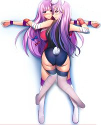Rule 34 | 2girls, animal ears, ass, back, bandages, blue leotard, blush, boots, breasts, elbow pads, fingerless gloves, gloves, knee pads, large breasts, leotard, light purple hair, lips, long hair, lying, moon rabbit, multiple girls, niwatori (eck16614), on person, patchouli knowledge, pink leotard, purple eyes, purple hair, rabbit ears, rabbit girl, rabbit tail, red eyes, reisen udongein inaba, restrained, shadow, tail, touhou, touhou tag dream, very long hair, vest, white background, white footwear, wrestling, wrestling outfit