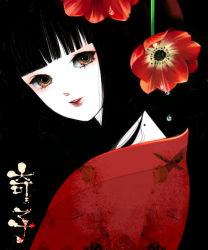 Rule 34 | 1girl, ayako (manga), black background, black hair, blunt bangs, brown eyes, character name, closed mouth, dripping, eyelashes, flower, from side, japanese clothes, kimono, light smile, long hair, looking at viewer, mochikin (jijijin), mole, mole on neck, pale skin, parted lips, red flower, red kimono, red lips, simple background, solo, tenge ayako, upper body, water drop