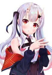 Rule 34 | 1girl, absurdres, bare shoulders, black necktie, black ribbon, blush, choker, commentary, earrings, grey hair, hair ribbon, highres, hololive, horns, jacket, jewelry, kakinotane e, long hair, long sleeves, looking at viewer, multicolored hair, nakiri ayame, nakiri ayame (streetwear), necktie, off shoulder, parted lips, red eyes, red hair, ribbon, simple background, skin-covered horns, solo, steepled fingers, streaked hair, twintails, upper body, virtual youtuber, white background