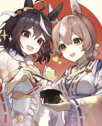 Rule 34 | + +, 2girls, :d, absurdres, animal ears, black hair, bowl, breasts, brown hair, chopsticks, cleavage, dress, food, highres, holding, holding bowl, holding chopsticks, horse ears, horse girl, kitasan black (umamusume), large breasts, mochi, multicolored hair, multiple girls, off shoulder, open mouth, red eyes, satono diamond (umamusume), shino sto, short hair, smile, streaked hair, umamusume, white dress, white hair, yellow eyes