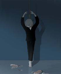Rule 34 | 1boy, arms up, avogado6, ballet slippers, black pants, black shirt, blood on feet, blue background, colored skin, commentary request, hands up, hanged, highres, long sleeves, male focus, noose, original, pants, peril, shirt, simple background, solo, tiptoes, white skin