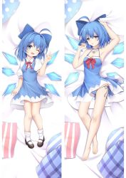 Rule 34 | ;d, aged down, aged up, ahoge, armpits, bare arms, bare legs, barefoot, bed sheet, black footwear, blue bow, blue choker, blue dress, blue eyes, blue hair, blue panties, bow, breasts, choker, cirno, cleavage, collarbone, collared shirt, dakimakura (medium), dress, dress shirt, from above, full body, hair between eyes, hair bow, hair intakes, long hair, looking at viewer, mary janes, medium hair, moeanime, neck ribbon, one eye closed, open mouth, panties, pinafore dress, red ribbon, ribbon, shirt, shoes, short dress, side-tie panties, sleeveless, sleeveless dress, small breasts, smile, socks, split screen, striped clothes, striped panties, sundress, touhou, underwear, w, white legwear, white shirt, wing collar