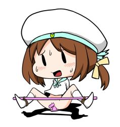 Rule 34 | 10s, 1girl, anal, anal object insertion, anus, bdsm, blush, brown hair, butt plug, dildo, error musume, girl holding a cat (kancolle), hat, kantai collection, mob face, nervous, object insertion, open mouth, pussy, sex toy, simple background, solid oval eyes, solo, spread legs, sweat, uncensored, yama batake