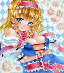 Rule 34 | 1girl, alice margatroid, at classics, blonde hair, blue eyes, blush, breasts, capelet, cleavage, female focus, flower, hairband, huge breasts, jewelry, marker (medium), off shoulder, ribbon, ring, sample watermark, short hair, smile, solo, touhou, traditional media, watermark