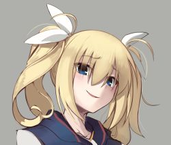 Rule 34 | 1girl, antenna hair, arimura hinae, blonde hair, blue eyes, blue sailor collar, blush, boa (brianoa), bow, chaos;child, fang, grey background, hair bow, highres, looking at viewer, parted lips, portrait, sailor collar, school uniform, serafuku, simple background, smirk, smug, solo, twintails, white bow