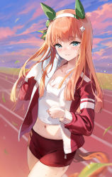 Rule 34 | 1girl, blue eyes, breasts, cleavage, crop top, emyo, hairband, highres, holding, horse tail, jacket, long hair, looking at viewer, midriff, navel, open clothes, orange hair, parted lips, red shorts, revision, shirt, short shorts, shorts, silence suzuka (umamusume), smile, solo, stomach, sweat, tail, towel, track and field, track jacket, umamusume, white shirt