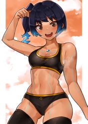 Rule 34 | 1girl, :d, absurdres, arm tattoo, black panties, black sports bra, blue hair, blush, breasts, brown eyes, chest jewel, commentary request, fiery hair, glowing lines, highres, looking at viewer, navel, open mouth, panties, sena (xenoblade), side ponytail, simple background, small breasts, smile, solo, sports bra, tattoo, teeth, thighhighs, underwear, upper teeth only, xenoblade chronicles (series), xenoblade chronicles 3, yotsuha uni