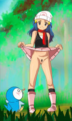 Rule 34 | 1girl, aruman, bar censor, bare arms, bare shoulders, beak, beanie, black legwear, black shirt, blood, blue eyes, blue hair, blue sky, blush, boots, breasts, censored, cleft of venus, clothes lift, collarbone, creatures (company), dawn (pokemon), day, facing viewer, female focus, flashing, forest, from behind, full body, game freak, gen 4 pokemon, grass, hair ornament, hairclip, hands up, happy, hat, highres, legs apart, lifted by self, looking at viewer, looking up, matching hair/eyes, miniskirt, nature, nintendo, no panties, nosebleed, open mouth, outdoors, pigeon-toed, pink footwear, pink skirt, piplup, pokemon, pokemon (creature), pokemon dppt, pussy, red scarf, scarf, shiny skin, shirt, skirt, skirt lift, sky, sleeveless, sleeveless shirt, small breasts, smile, socks, standing, tail, tree, white headwear